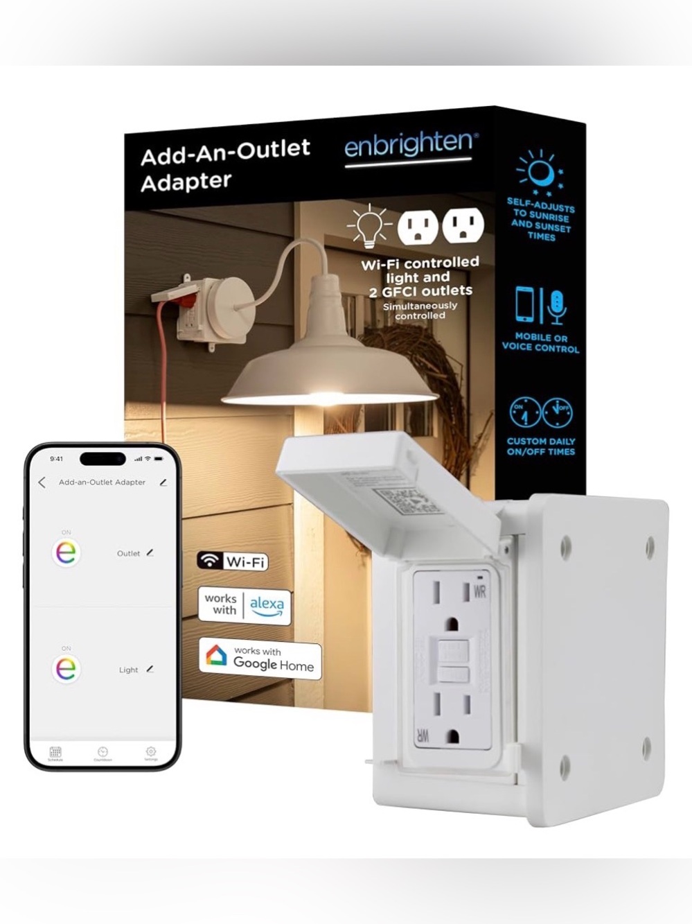 E38 Enbrighten Vibe Add-an-Outlet Light Adapter, Smart Outdoor Outlet with Two G